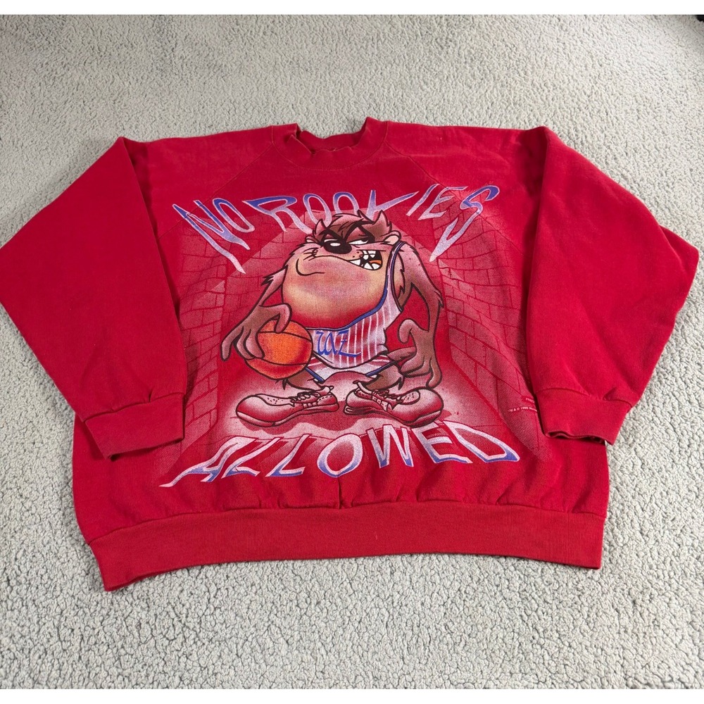 Vintage 1996 Warner Bros Taz No Rookies Allowed Sweatshirt Red XL Freeze USA